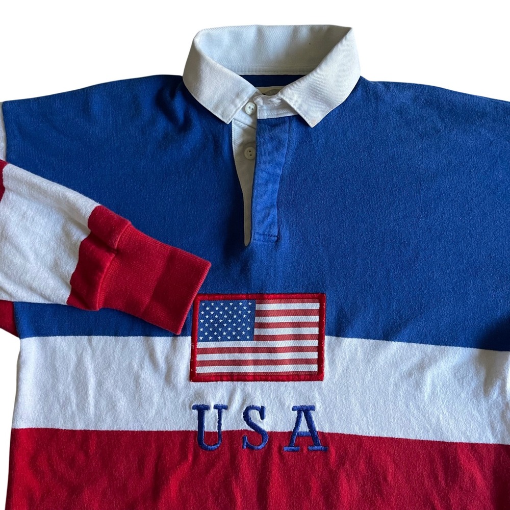 Vintage Dehen Rugby Shirt Men L Blue Red White USA Flag Patch Long Sleeve Cotton